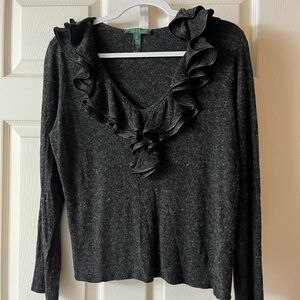 Ralph Lauren Dark Gray Ruffled Long Sleeve Blouse